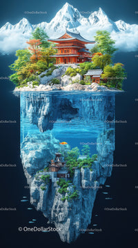 Ancient Mountain Temple on Floating Rock Landscape with Waterfalls