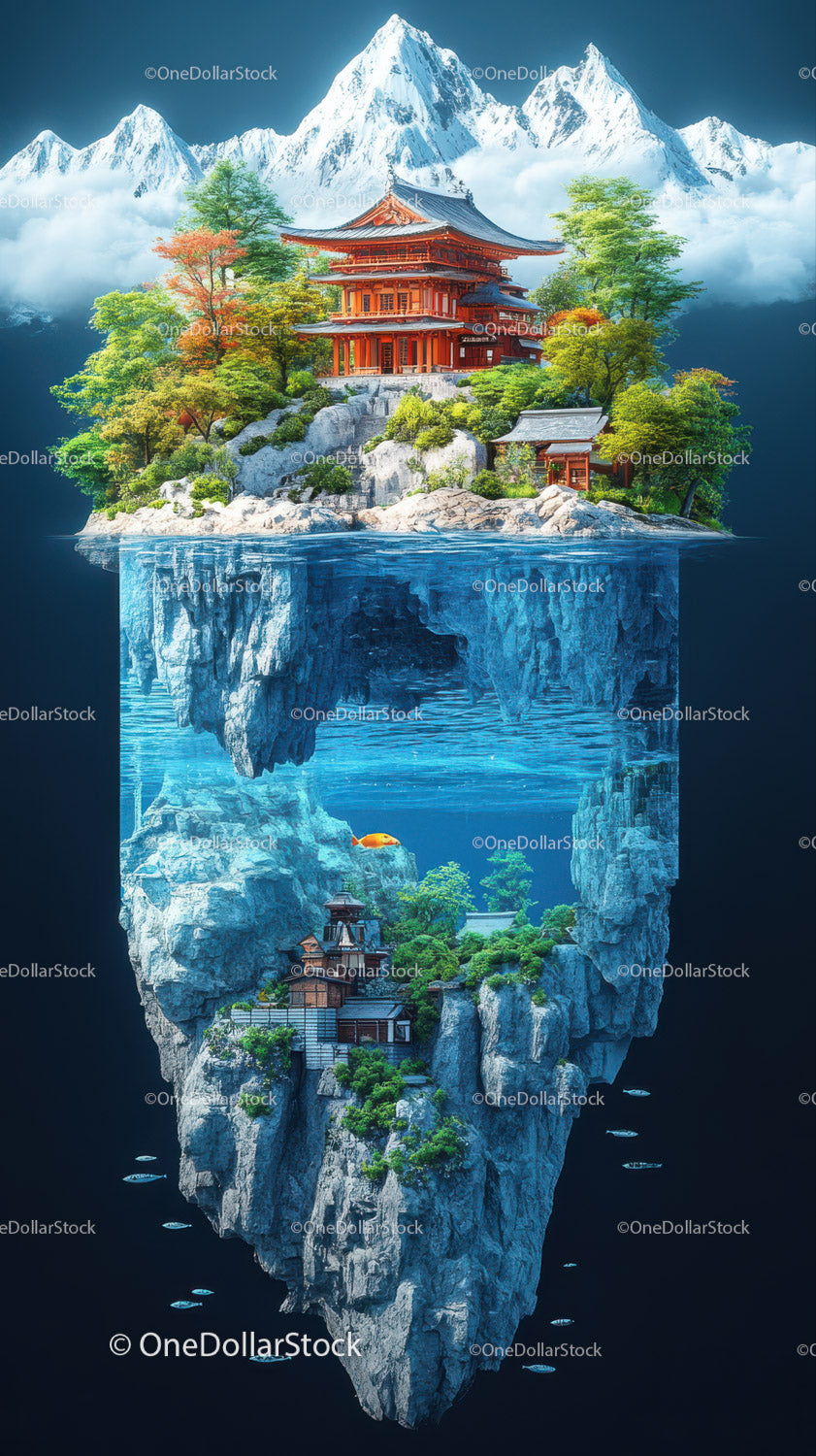 Ancient Mountain Temple on Floating Rock Landscape with Waterfalls