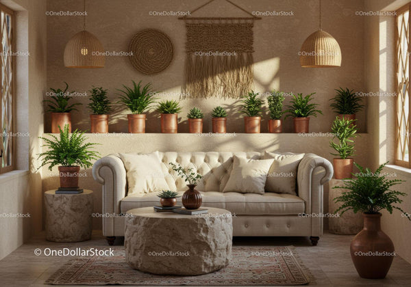 Cozy living room with plants and natural textures