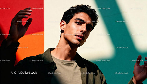 Young man posing thoughtfully against colorful wall