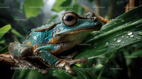 Blue and Orange Poison Dart Frog Resting on Leaf in Rainforest
