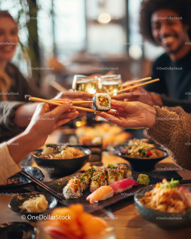 Diverse group of friends enjoying colorful sushi in modern restaurant