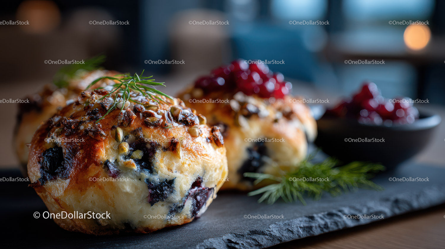 Muffinki jagodowe z polewą jagodową i zielonymi dodatkami