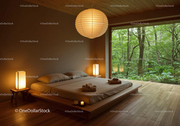 Minimalist bedroom with forest view and warm lighting