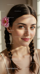 Young Woman with Pink Flower in Hair and Braided Tresses