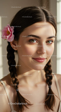 Young Woman with Pink Flower in Hair and Braided Tresses