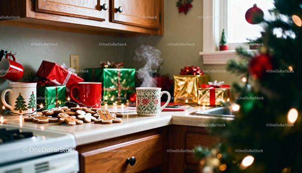 Cozy kitchen corner with Christmas treats and gifts