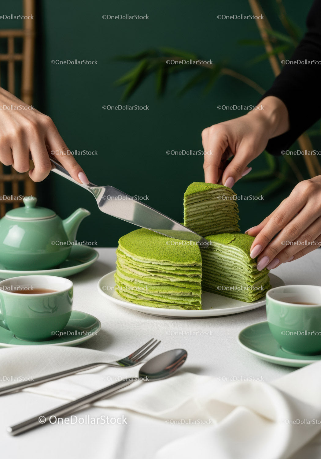 Kawałki ciasta warstwowego z zieloną herbatą na eleganckim stole z czajniczkiem