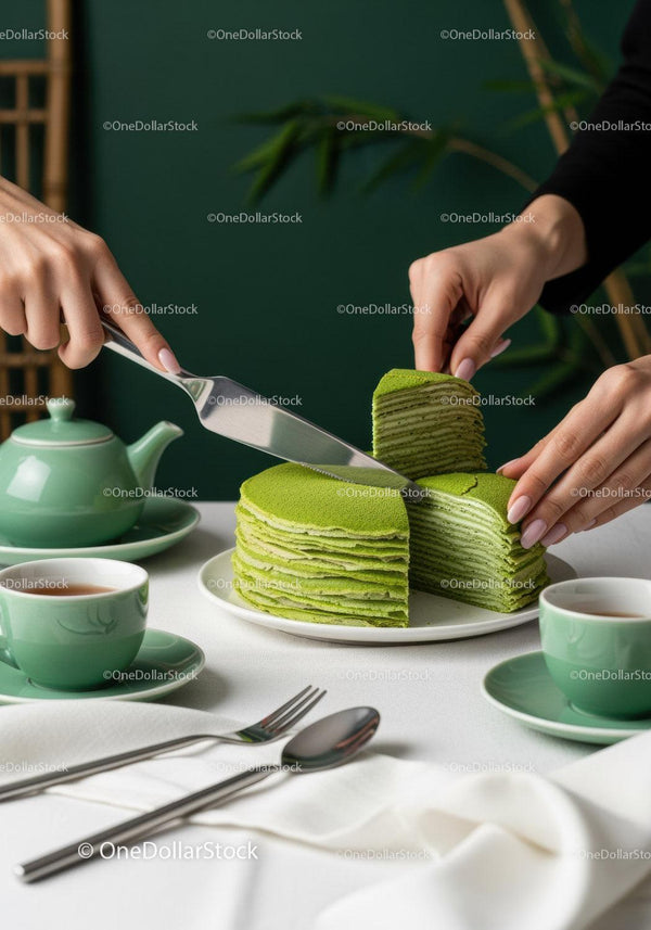 Green Tea Layer Cake Slices on Elegant Table with Teapot