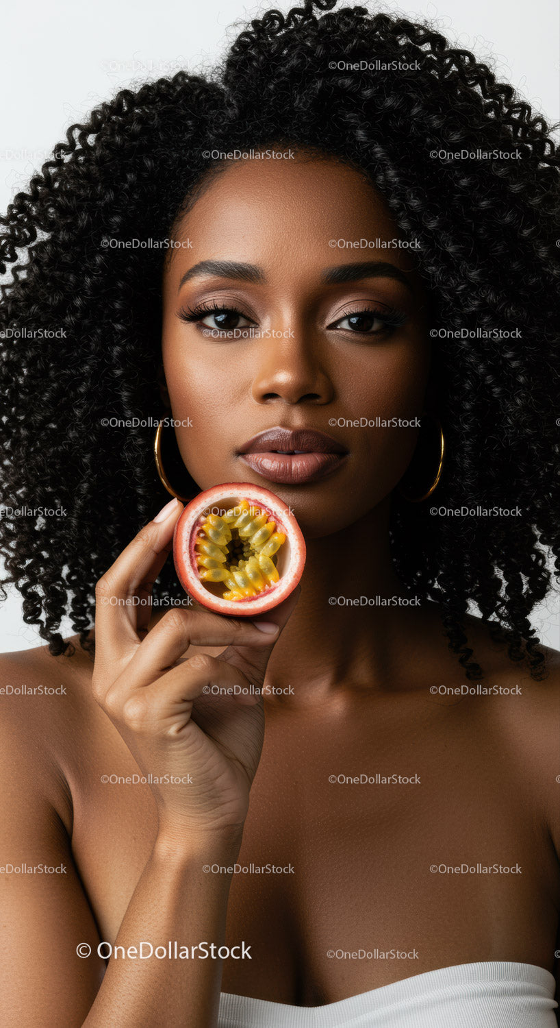 Elegant Black Woman with Curly Hair Holding Passion Fruit in Studio