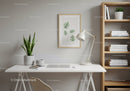 Modern Minimalist Home Office with Potted Snake Plant and Wooden Shelf