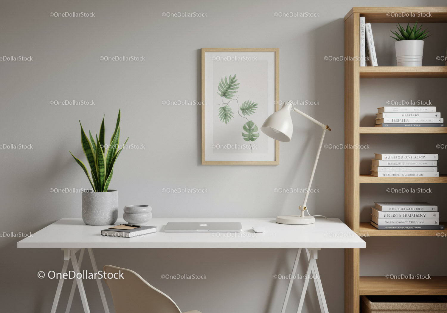 Nowoczesne, minimalistyczne biuro domowe z doniczką z rośliną wężownika i drewnianą półką