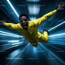 Dynamic Man in Yellow Jumpsuit Against Futuristic Background