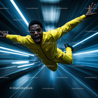 Dynamic Man in Yellow Jumpsuit Against Futuristic Background