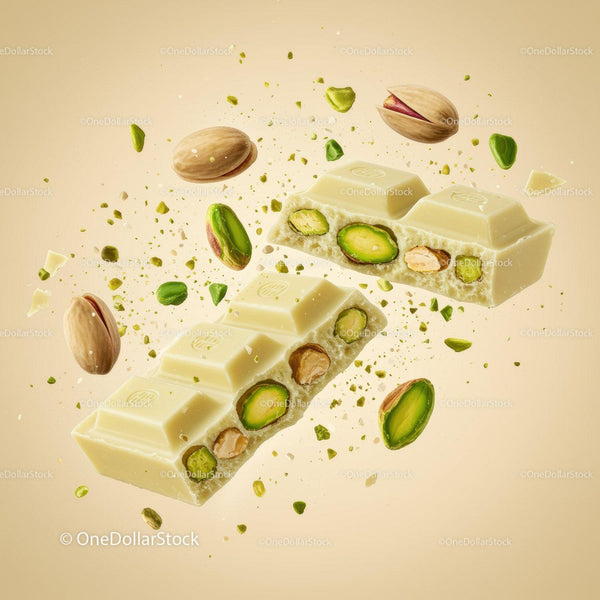 White chocolate bar filled with vibrant green pistachios
