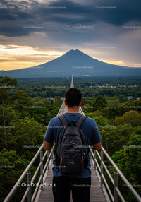 Hiker with Backpack Walking Across Wooden Bridge Toward Mountain Scenic View