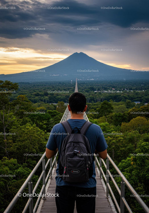 Hiker with Backpack Walking Across Wooden Bridge Toward Mountain Scenic View