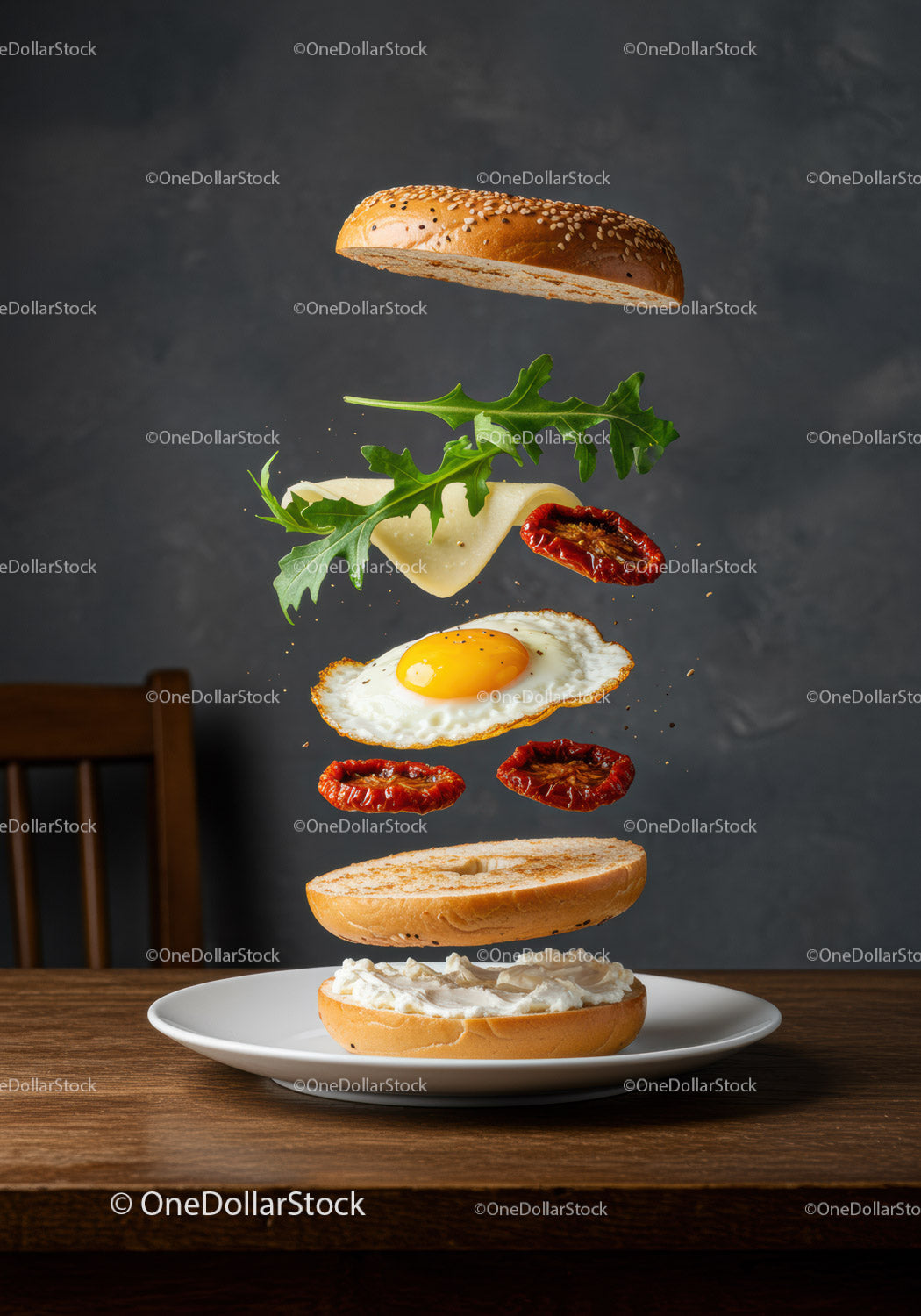 Floating Bagel Sandwich with Egg and Fresh Arugula