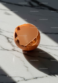 Cracked brown eggshell casting shadow on marble surface