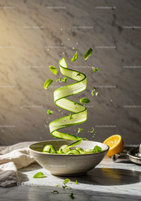Fresh cucumber ribbons spiraling with mint leaves in bowl