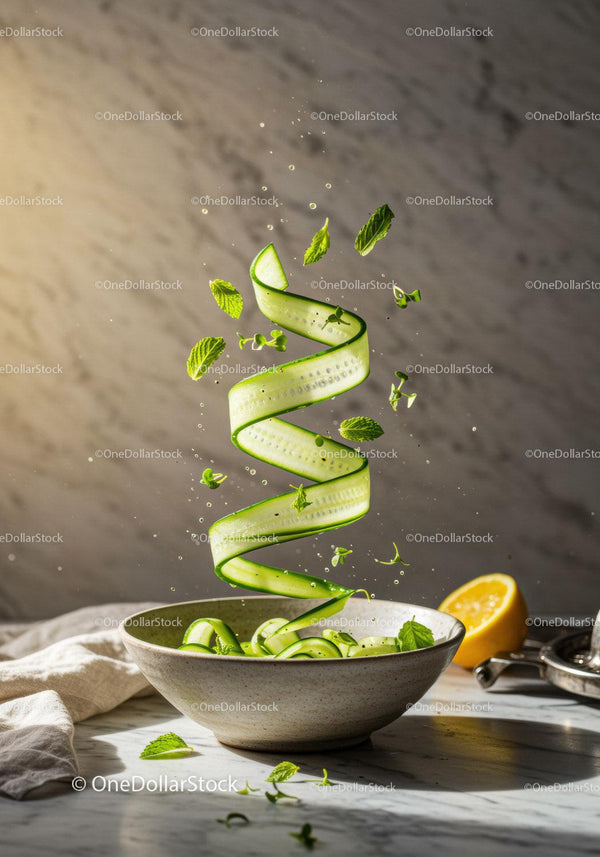 Świeże wstążki ogórka w spiralach z liśćmi mięty w misce