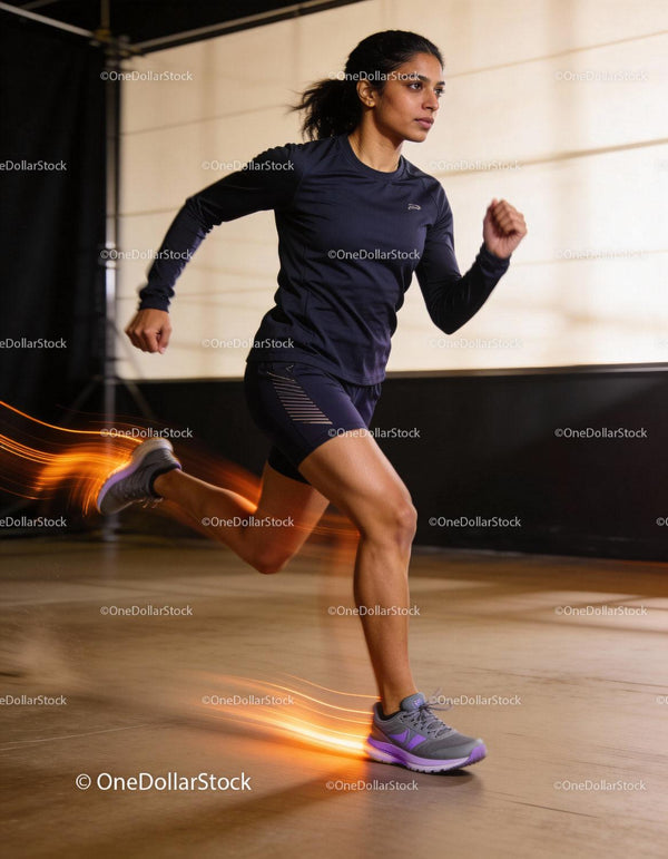Focused woman sprinting indoors in athletic outfit