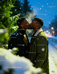 Couple Sharing a Tender Winter Kiss Outside at Night
