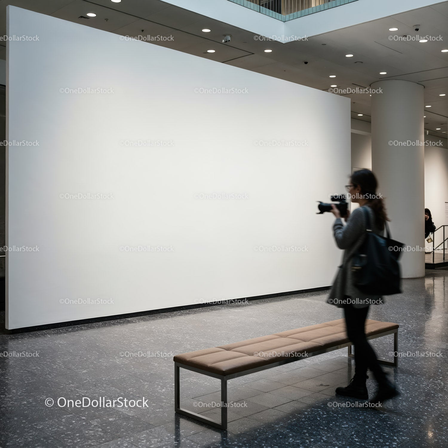 Visitor photographing blank wall in modern art gallery