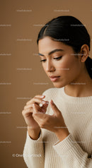Elegant Woman in Beige Sweater with Thoughtful Expression