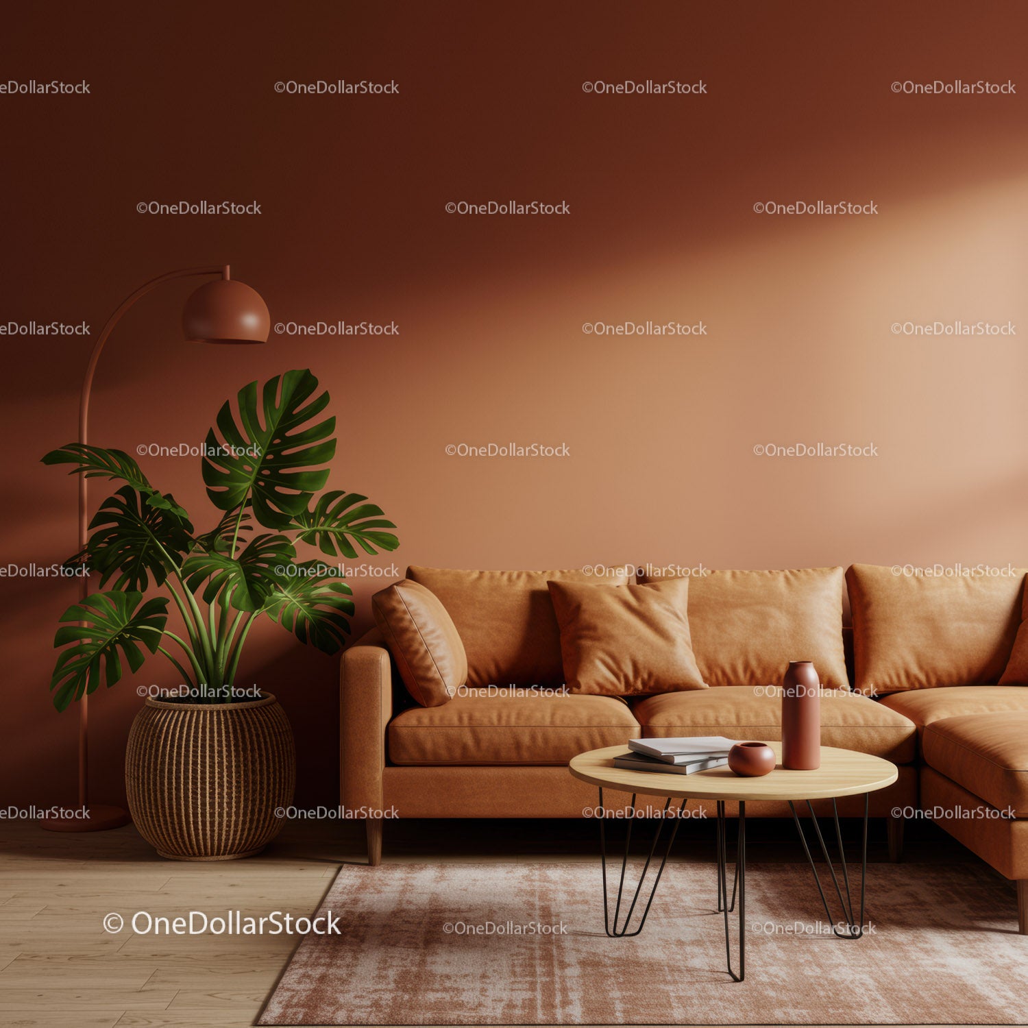 Modern Cozy Living Room with Beige Sofa and Monstera Plant