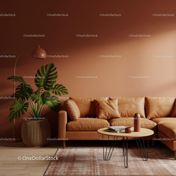 Nowoczesny Przytulny Salon z Beżową Sofą i Rośliną Monstera