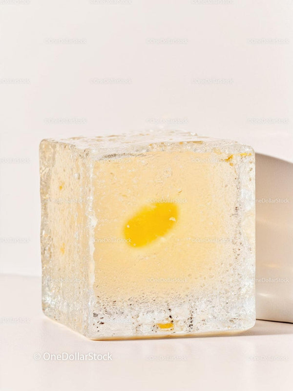 Transparent ice cube with yellow flower inside