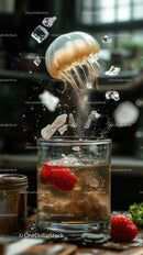 Dynamic Splash of Sparkling Soda with Ice Cubes in Glass