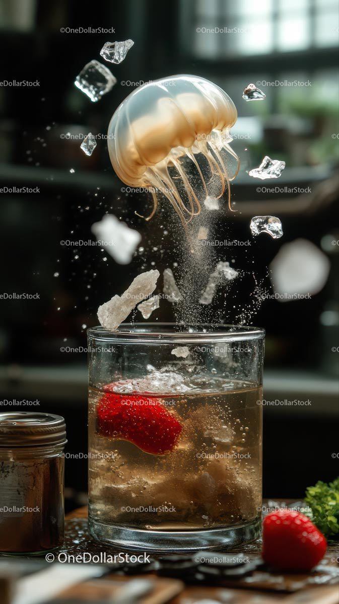 Dynamic Splash of Sparkling Soda with Ice Cubes in Glass