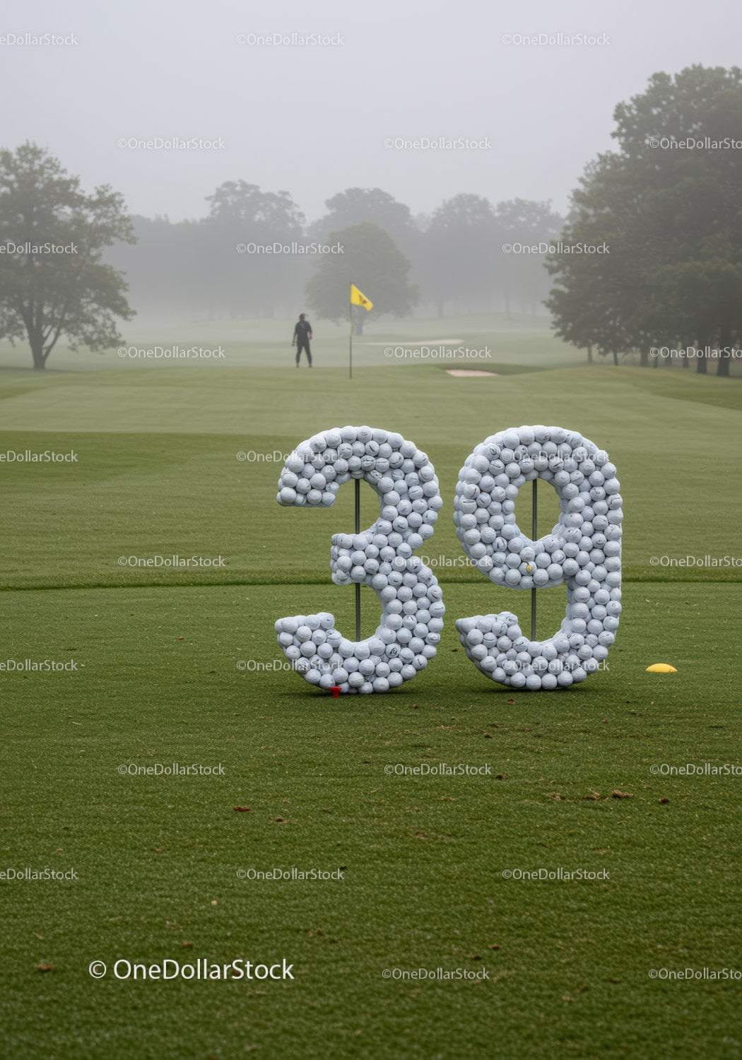 Oznaczenie pola golfowego wykonane z białych piłek golfowych