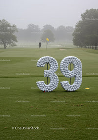 Golf course marker made of white golf balls