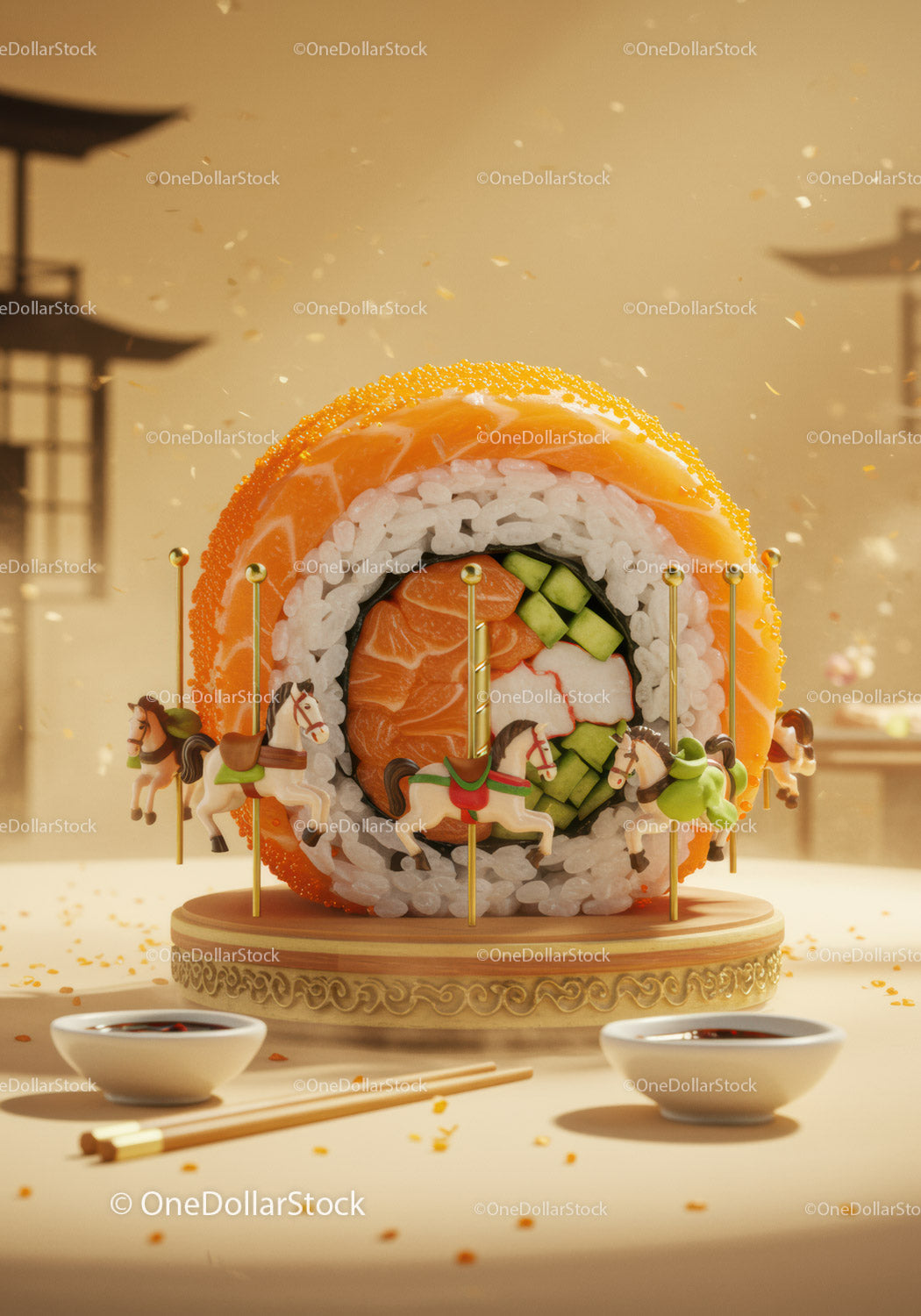 Creative sushi roll carousel with detailed miniature horses