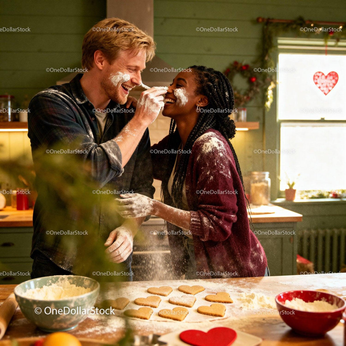 Couple Having Fun Baking Heart Cookies Together