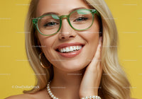 Smiling young woman with stylish green glasses