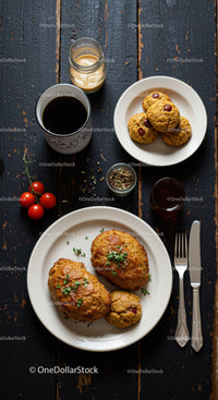 Freshly baked savory scones with coffee and herbs