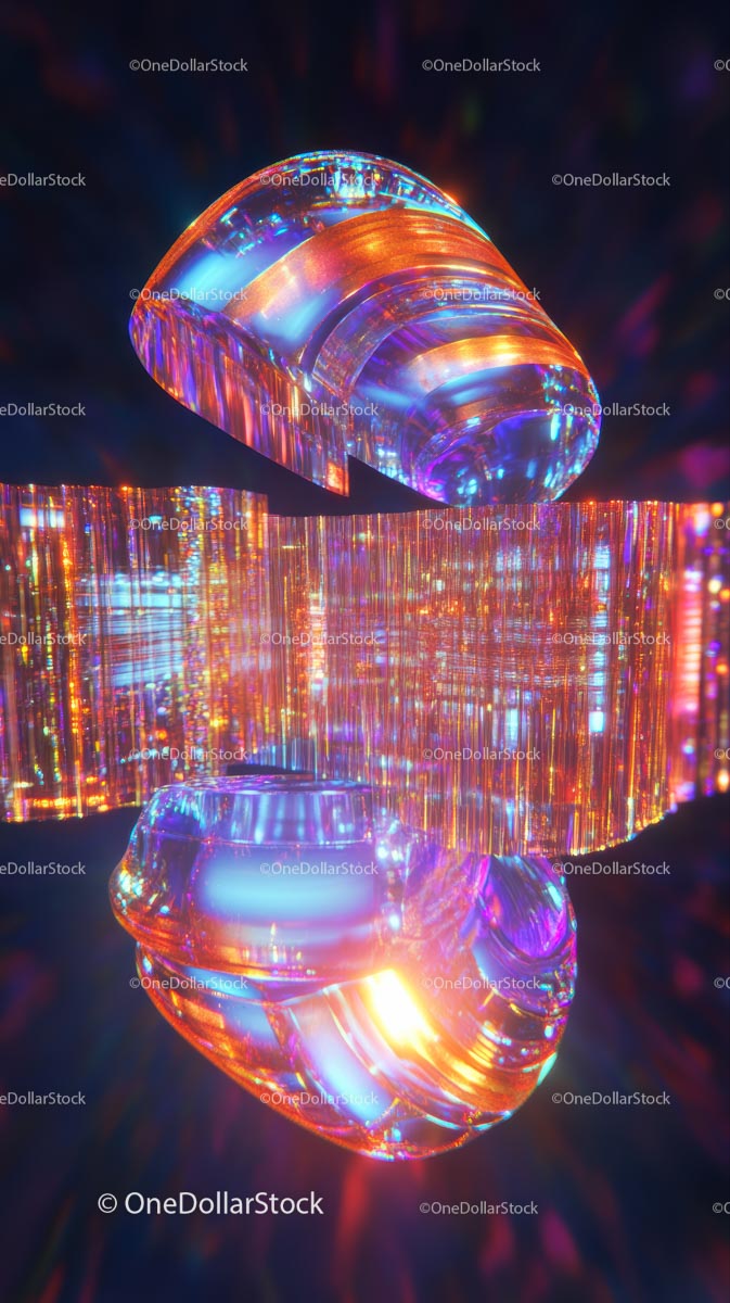 Futuristic Glass Sculpture with Vibrant Neon Light Reflections