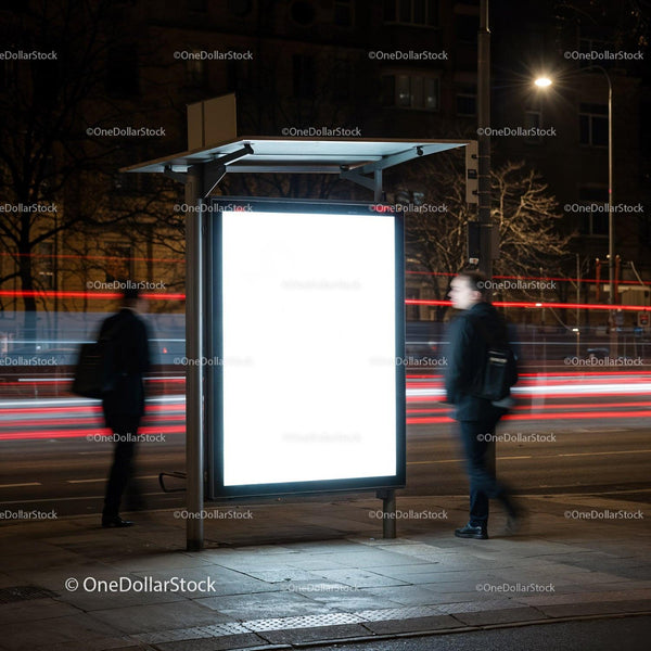 Illuminated Bus Stop Advertisement at Night in City JPG Mockup Image