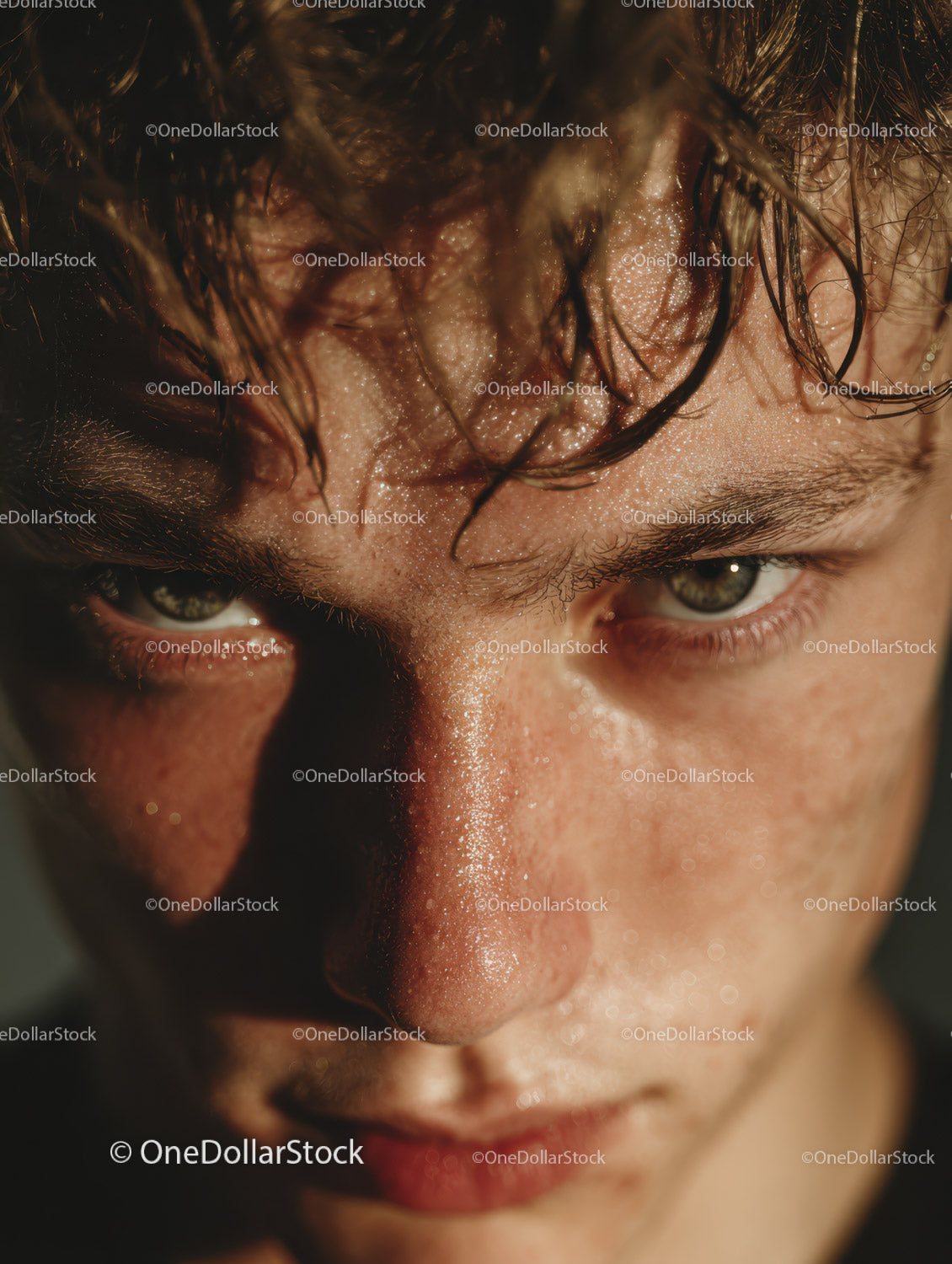 Close-up of Wet Skin with Sparkling Water Droplets and Expressive Eyes