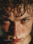 Close-up of Wet Skin with Sparkling Water Droplets and Expressive Eyes