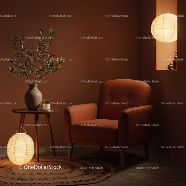 Cozy lounge corner with glowing lanterns and armchair