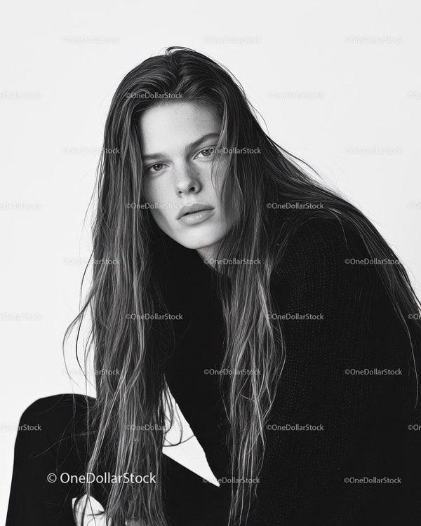 Black and White Portrait of Young Woman with Wet Hair and Intense Gaze