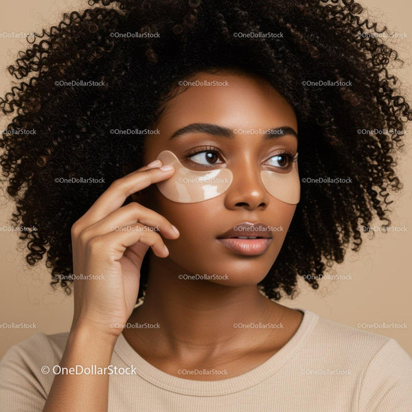 Close-up of a woman with curly hair applying under-eye patches for skincare