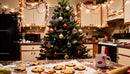 Cozy kitchen with decorated Christmas tree and cookies