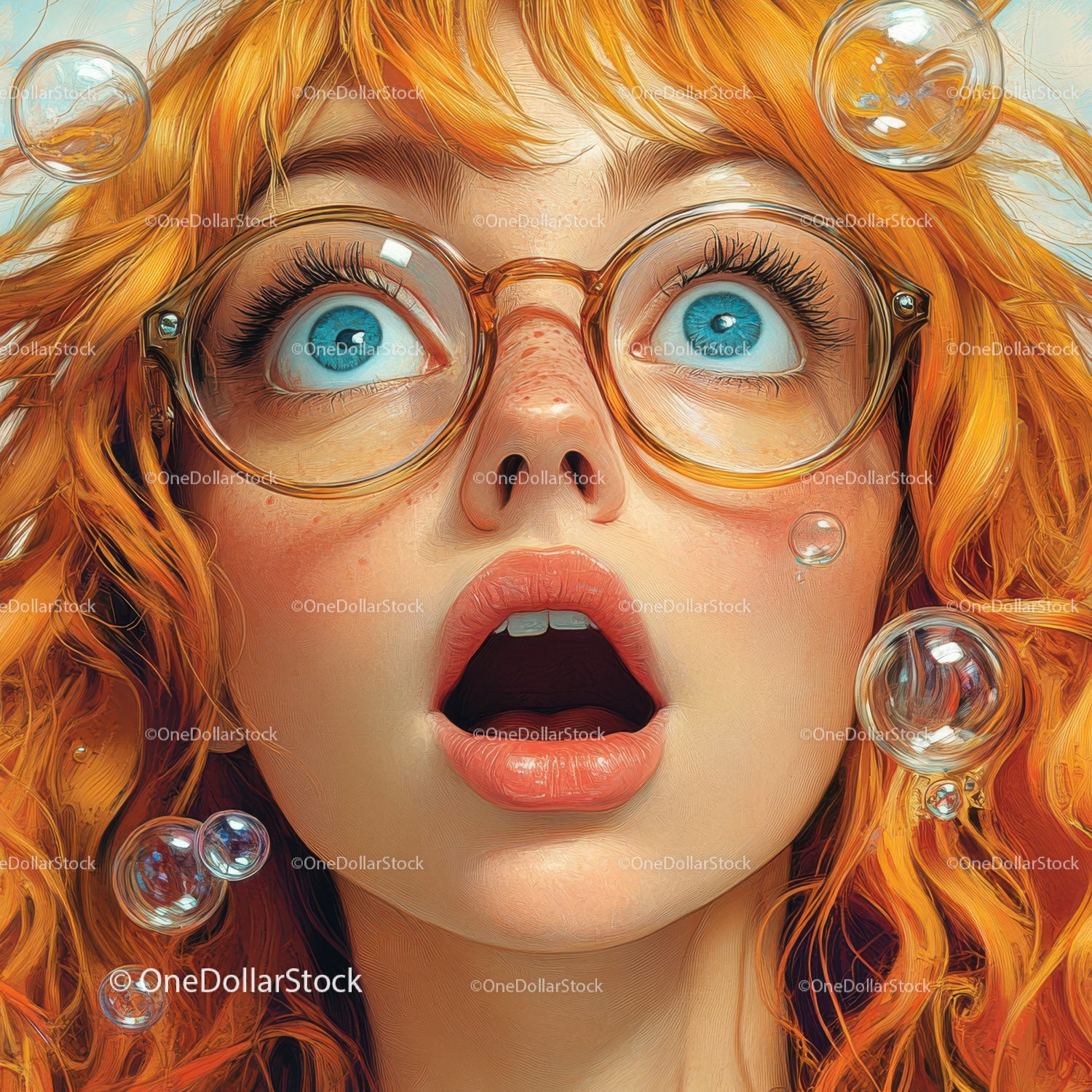 Vibrant Redhead Woman with Glasses Expressing Surprise in Close-Up