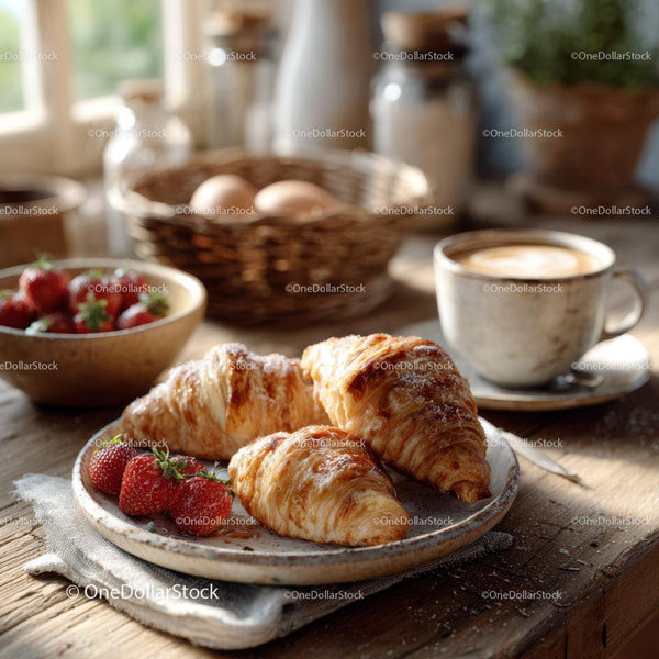 Delicious Croissants with Strawberries and Coffee on a Rustic Table